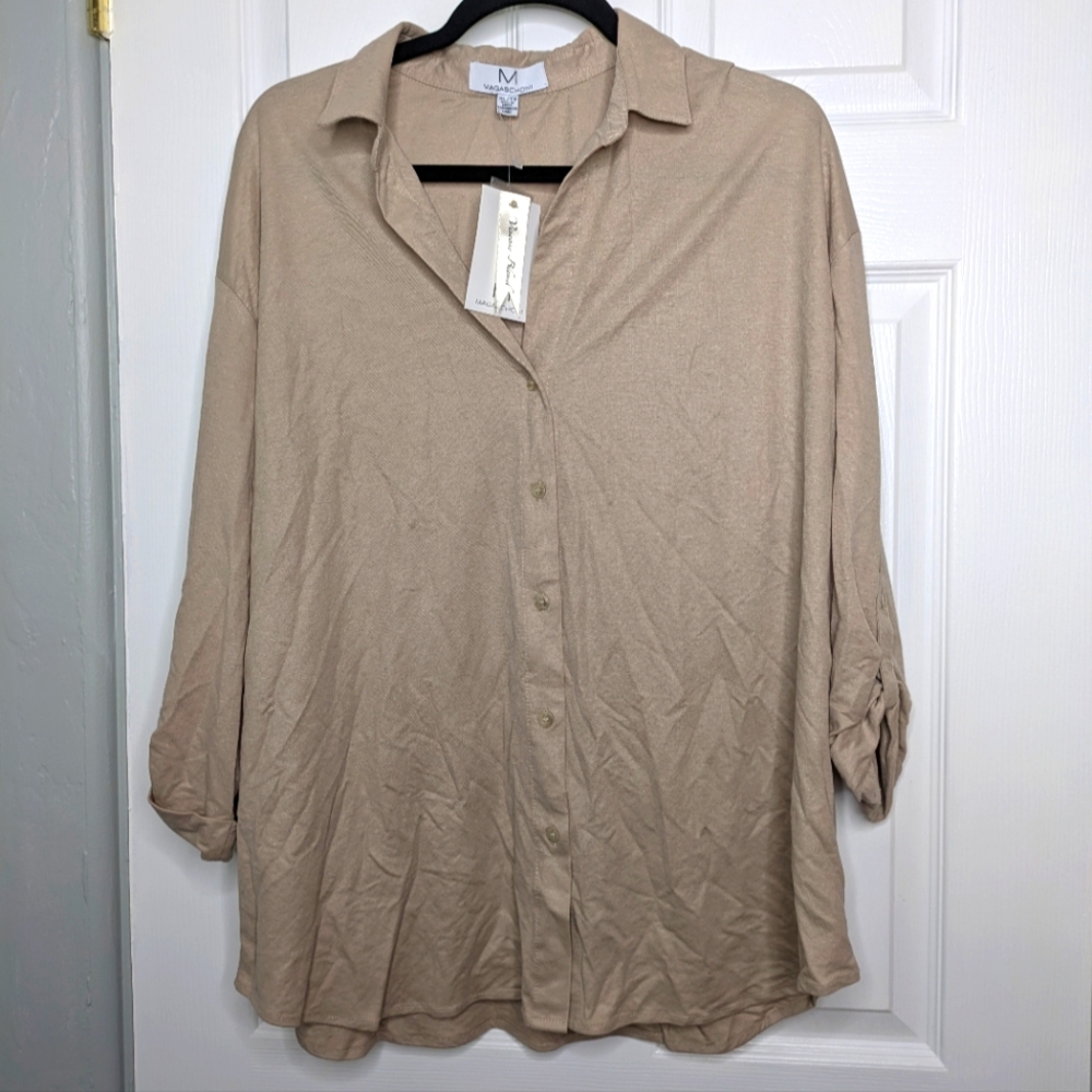 NWT Magaschoni Beige Button-Up Women's Top Viscose Blend Size XL